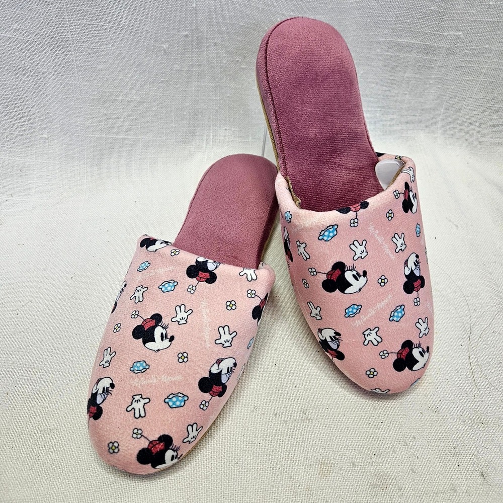 Disney Minnie Mouse Slippers Womens Pink All Over Print House Shoes Cozy Loung